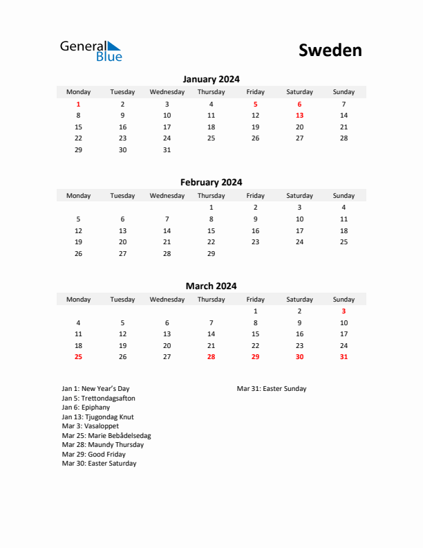 Printable Quarterly Calendar with Notes and Sweden Holidays- Q1 of 2024