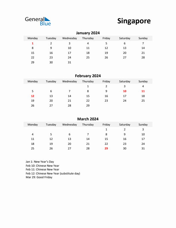 Printable Quarterly Calendar with Notes and Singapore Holidays- Q1 of 2024