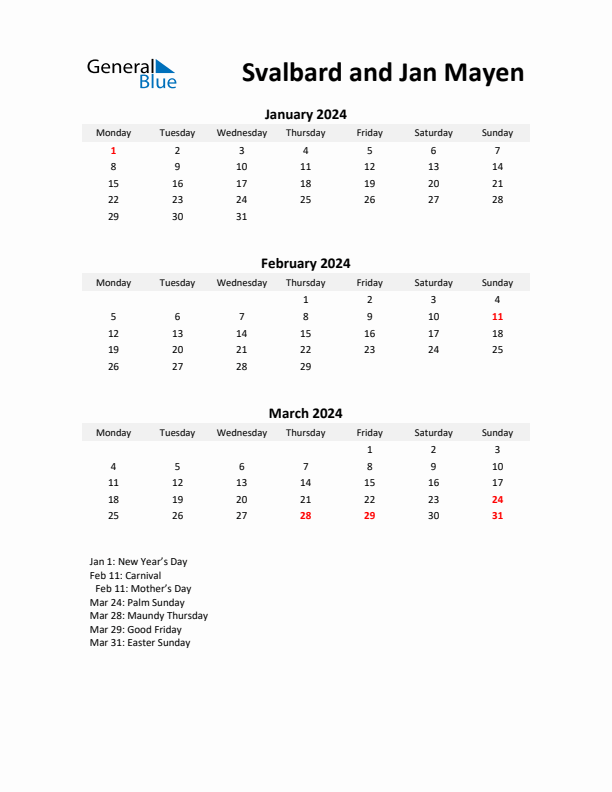 Printable Quarterly Calendar with Notes and Svalbard and Jan Mayen Holidays- Q1 of 2024