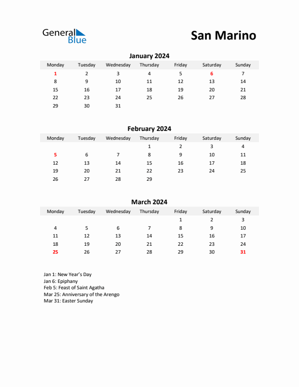 Printable Quarterly Calendar with Notes and San Marino Holidays- Q1 of 2024