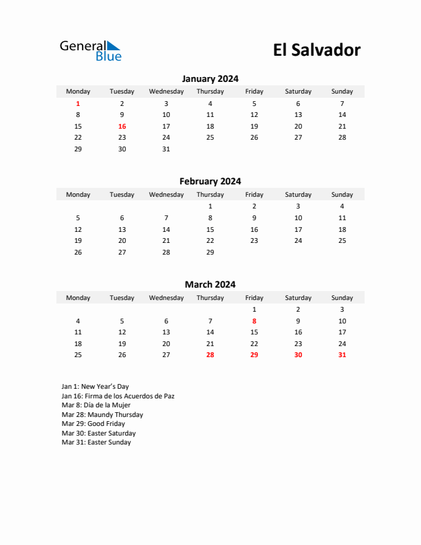 Printable Quarterly Calendar with Notes and El Salvador Holidays- Q1 of 2024