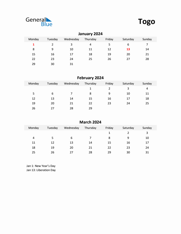 Printable Quarterly Calendar with Notes and Togo Holidays- Q1 of 2024