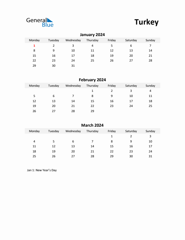 Printable Quarterly Calendar with Notes and Turkey Holidays- Q1 of 2024