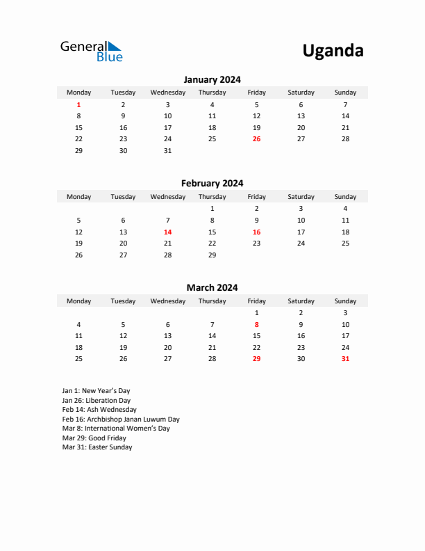 Printable Quarterly Calendar with Notes and Uganda Holidays- Q1 of 2024