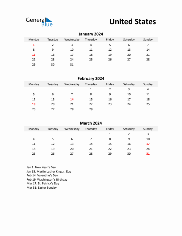 Printable Quarterly Calendar with Notes and United States Holidays- Q1 of 2024