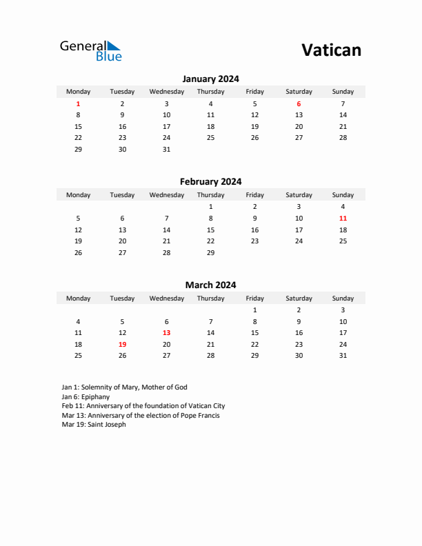 Printable Quarterly Calendar with Notes and Vatican Holidays- Q1 of 2024