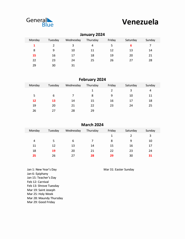 Printable Quarterly Calendar with Notes and Venezuela Holidays- Q1 of 2024