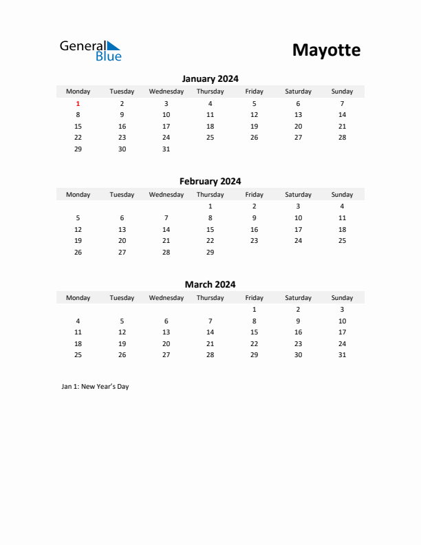 Printable Quarterly Calendar with Notes and Mayotte Holidays- Q1 of 2024