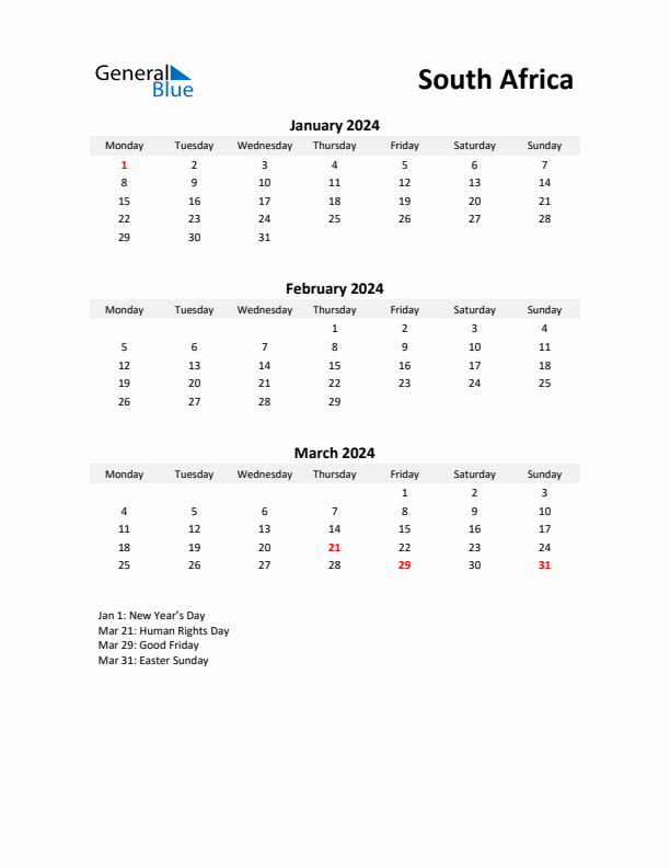 Printable Quarterly Calendar with Notes and South Africa Holidays- Q1 of 2024