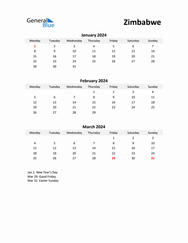 Printable Quarterly Calendar with Notes and Zimbabwe Holidays- Q1 of 2024