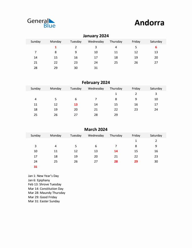 Printable Quarterly Calendar with Notes and Andorra Holidays- Q1 of 2024