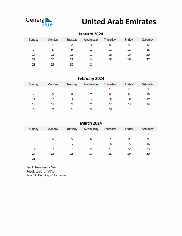 Printable Quarterly Calendar with Notes and United Arab Emirates Holidays- Q1 of 2024