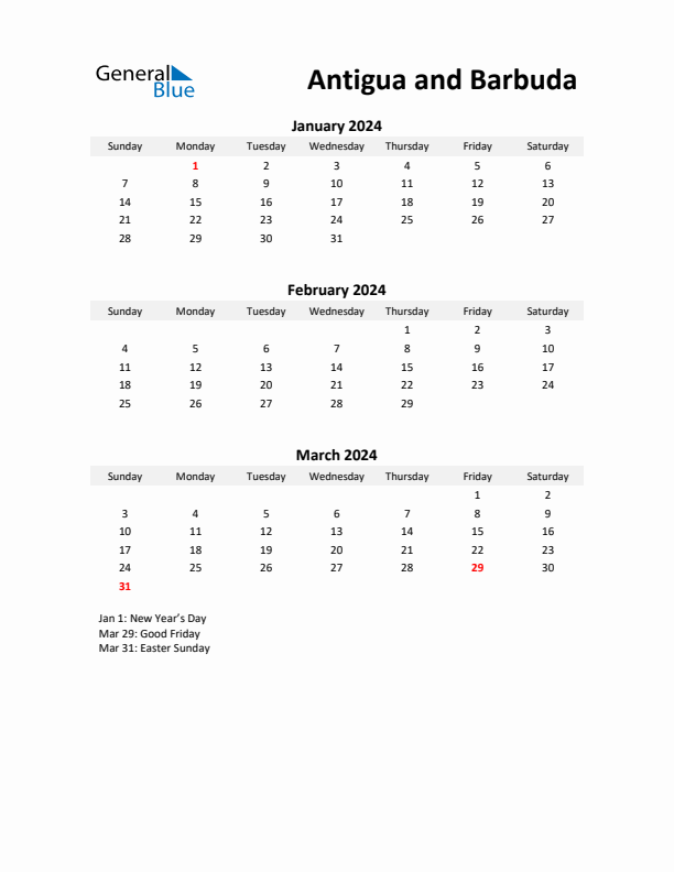 Printable Quarterly Calendar with Notes and Antigua and Barbuda Holidays- Q1 of 2024