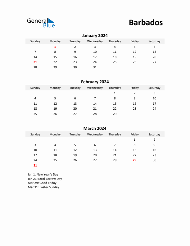 Printable Quarterly Calendar with Notes and Barbados Holidays- Q1 of 2024