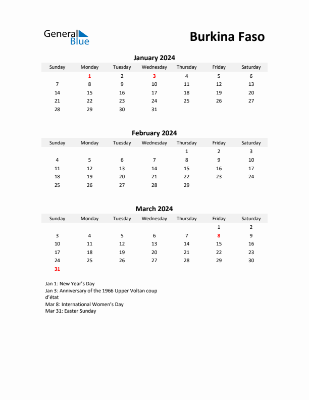 Printable Quarterly Calendar with Notes and Burkina Faso Holidays- Q1 of 2024