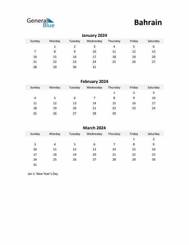 Printable Quarterly Calendar with Notes and Bahrain Holidays- Q1 of 2024