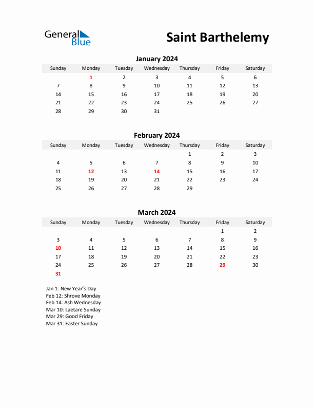 Printable Quarterly Calendar with Notes and Saint Barthelemy Holidays- Q1 of 2024