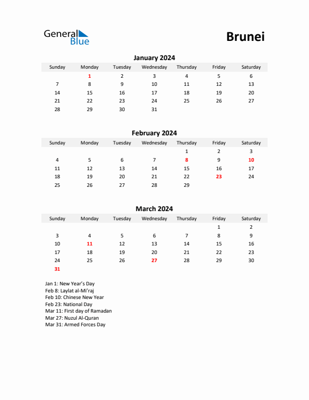 Printable Quarterly Calendar with Notes and Brunei Holidays- Q1 of 2024