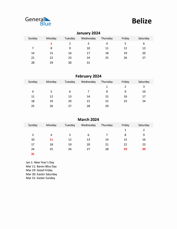 Printable Quarterly Calendar with Notes and Belize Holidays- Q1 of 2024