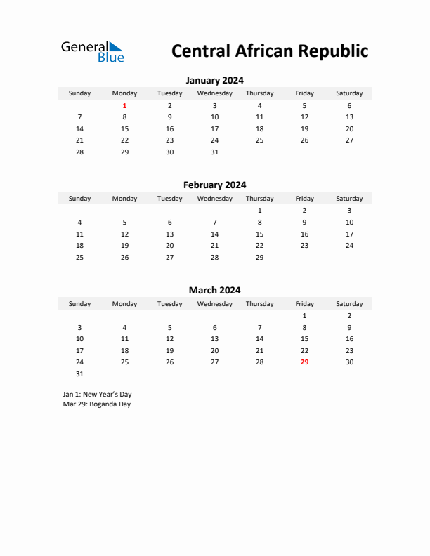 Printable Quarterly Calendar with Notes and Central African Republic Holidays- Q1 of 2024