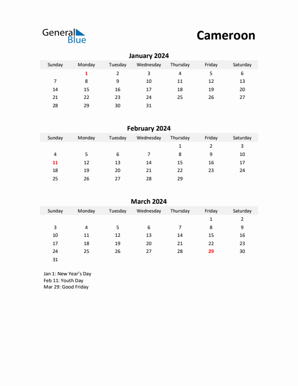 Printable Quarterly Calendar with Notes and Cameroon Holidays- Q1 of 2024