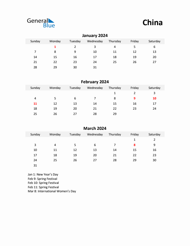 Printable Quarterly Calendar with Notes and China Holidays- Q1 of 2024