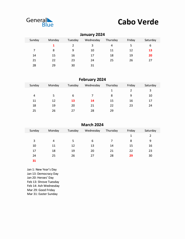 Printable Quarterly Calendar with Notes and Cabo Verde Holidays- Q1 of 2024