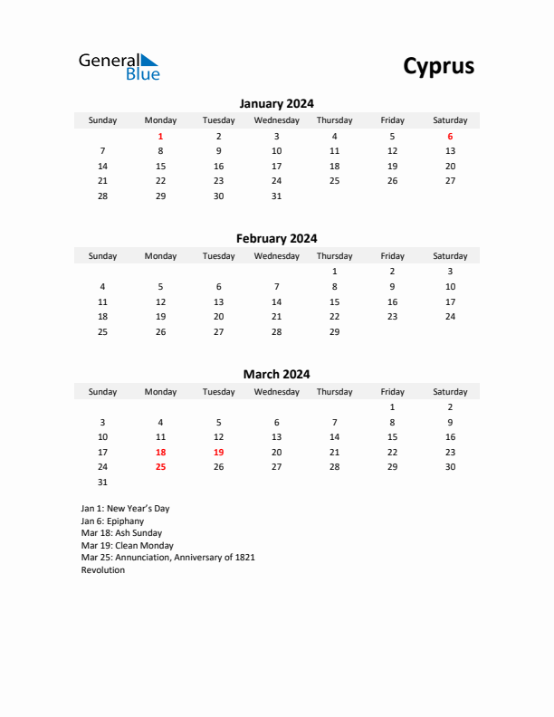 Printable Quarterly Calendar with Notes and Cyprus Holidays- Q1 of 2024