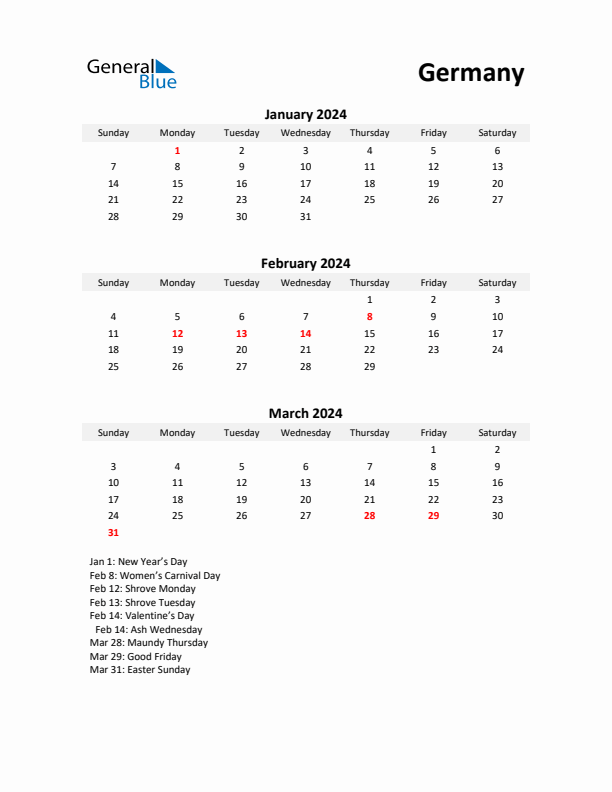 Printable Quarterly Calendar with Notes and Germany Holidays- Q1 of 2024