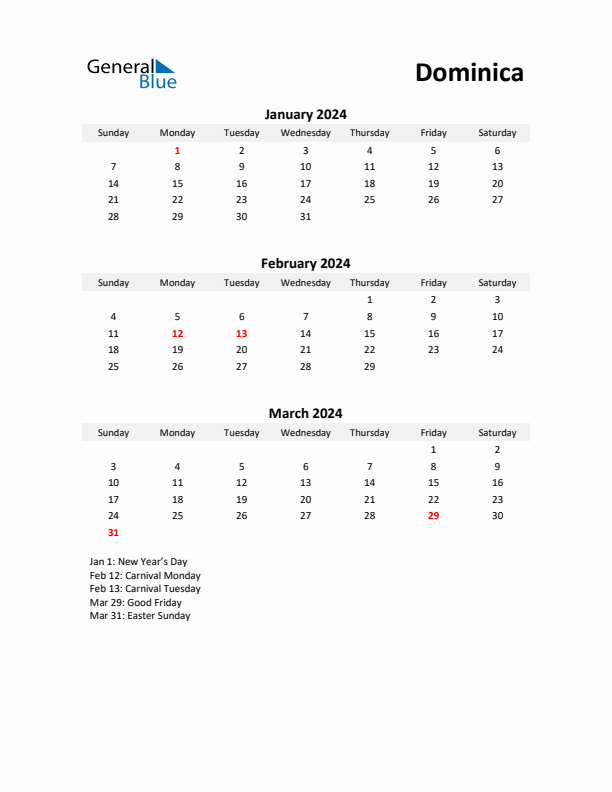 Printable Quarterly Calendar with Notes and Dominica Holidays- Q1 of 2024