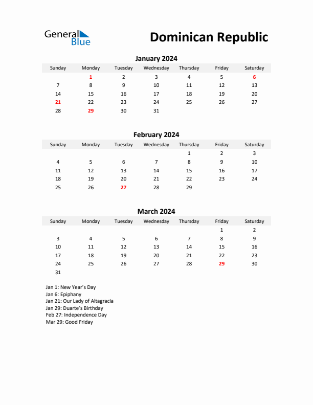 Printable Quarterly Calendar with Notes and Dominican Republic Holidays- Q1 of 2024