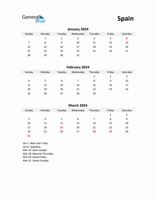 Printable Quarterly Calendar with Notes and Spain Holidays- Q1 of 2024