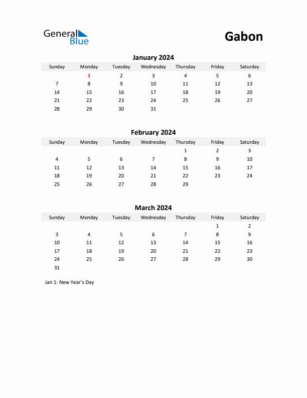 Printable Quarterly Calendar with Notes and Gabon Holidays- Q1 of 2024