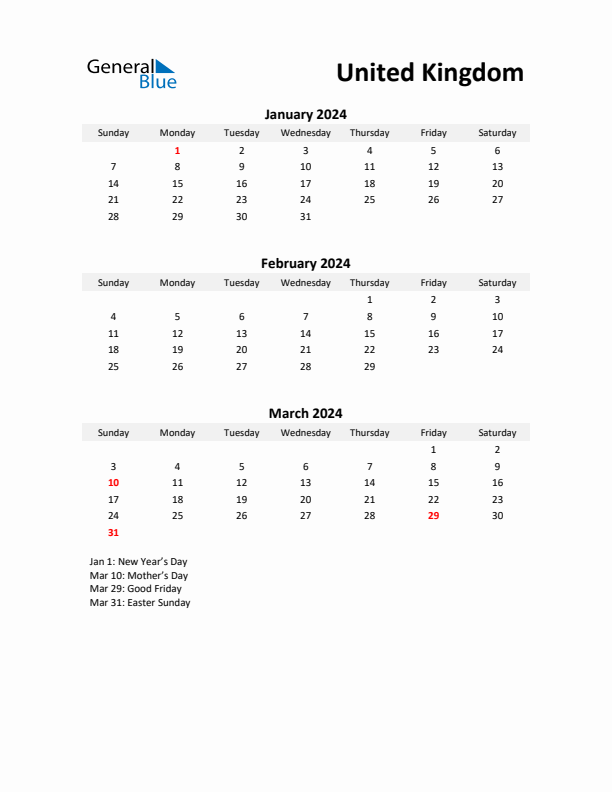 Printable Quarterly Calendar with Notes and United Kingdom Holidays- Q1 of 2024