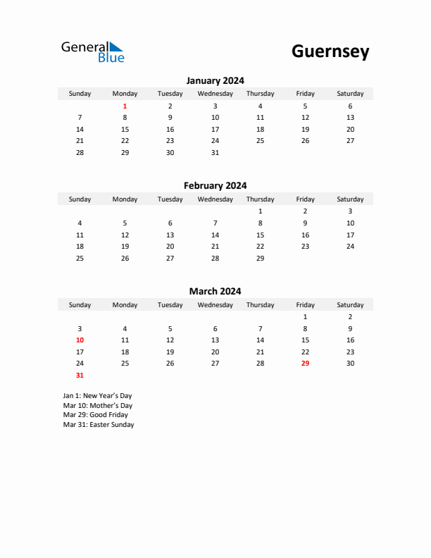 Printable Quarterly Calendar with Notes and Guernsey Holidays- Q1 of 2024