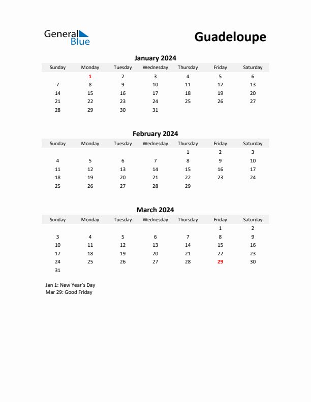 Printable Quarterly Calendar with Notes and Guadeloupe Holidays- Q1 of 2024