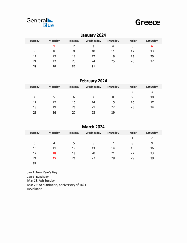 Printable Quarterly Calendar with Notes and Greece Holidays- Q1 of 2024