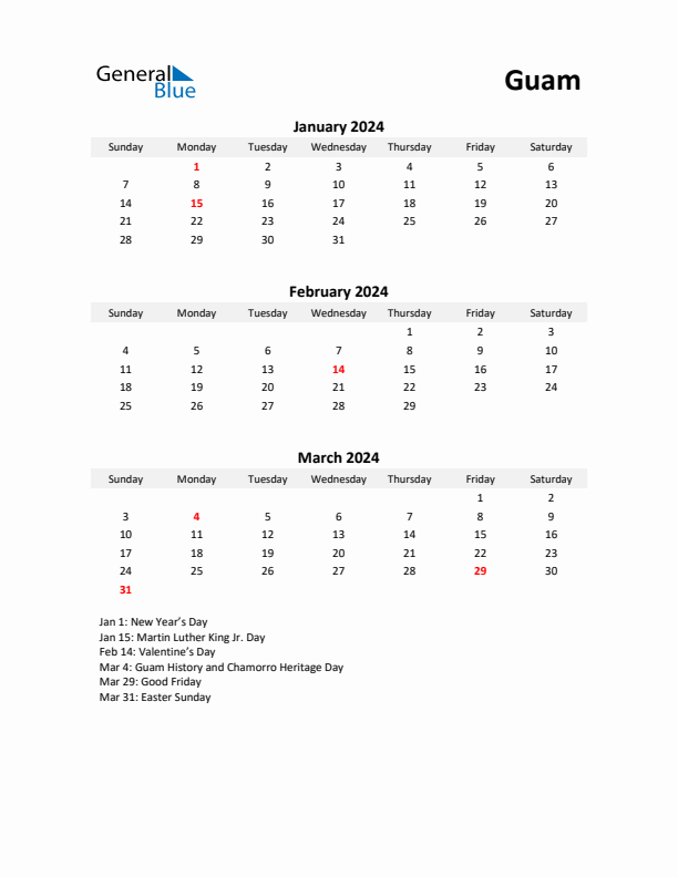 Printable Quarterly Calendar with Notes and Guam Holidays- Q1 of 2024