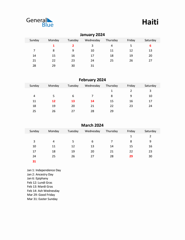 Printable Quarterly Calendar with Notes and Haiti Holidays- Q1 of 2024