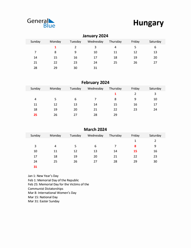 Printable Quarterly Calendar with Notes and Hungary Holidays- Q1 of 2024