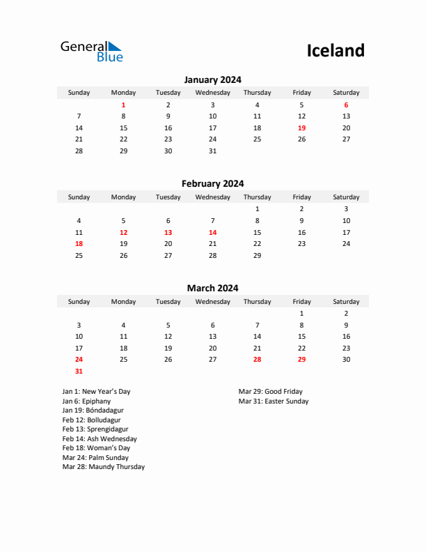 Printable Quarterly Calendar with Notes and Iceland Holidays- Q1 of 2024