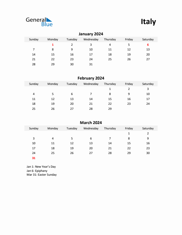 Printable Quarterly Calendar with Notes and Italy Holidays- Q1 of 2024