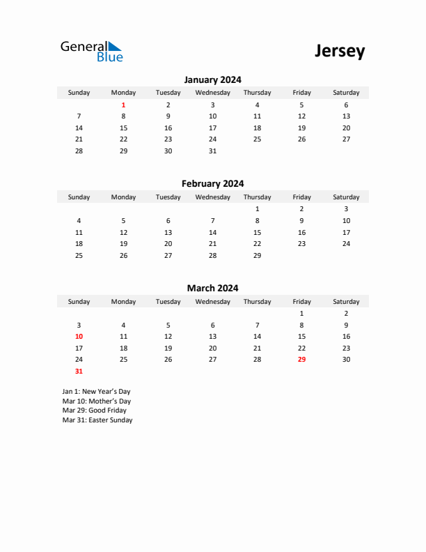 Printable Quarterly Calendar with Notes and Jersey Holidays- Q1 of 2024