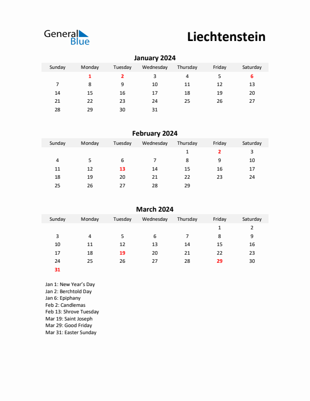 Printable Quarterly Calendar with Notes and Liechtenstein Holidays- Q1 of 2024