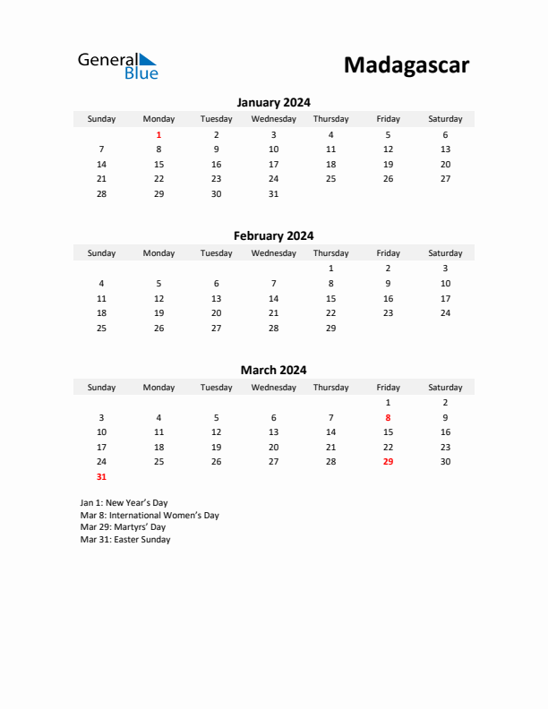Printable Quarterly Calendar with Notes and Madagascar Holidays- Q1 of 2024