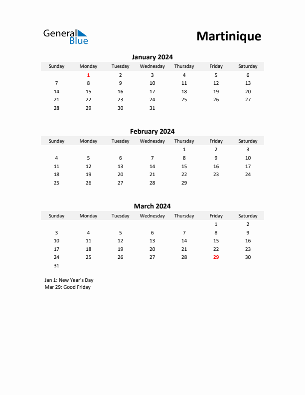 Printable Quarterly Calendar with Notes and Martinique Holidays- Q1 of 2024