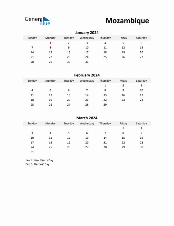 Printable Quarterly Calendar with Notes and Mozambique Holidays- Q1 of 2024