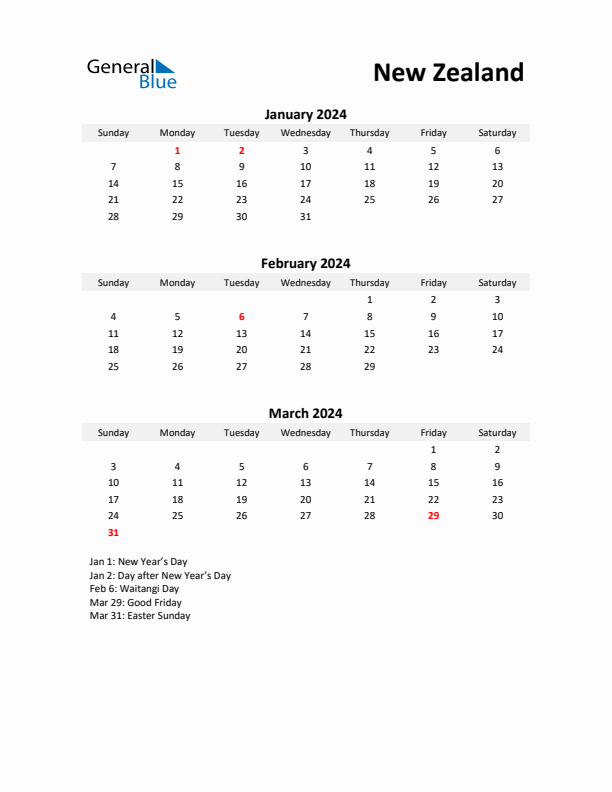 Printable Quarterly Calendar with Notes and New Zealand Holidays- Q1 of 2024