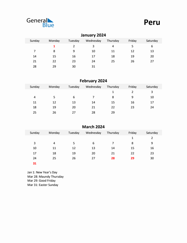 Printable Quarterly Calendar with Notes and Peru Holidays- Q1 of 2024