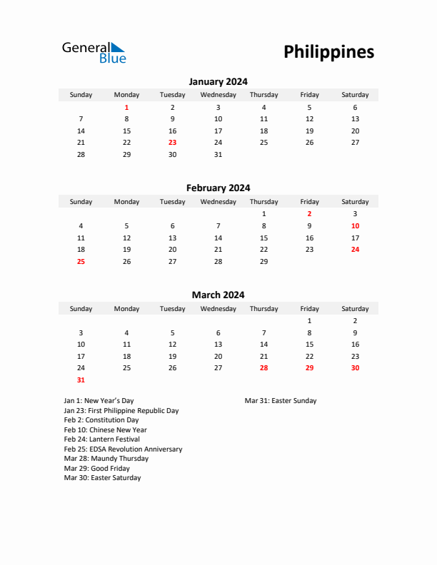 Printable Quarterly Calendar with Notes and Philippines Holidays- Q1 of 2024